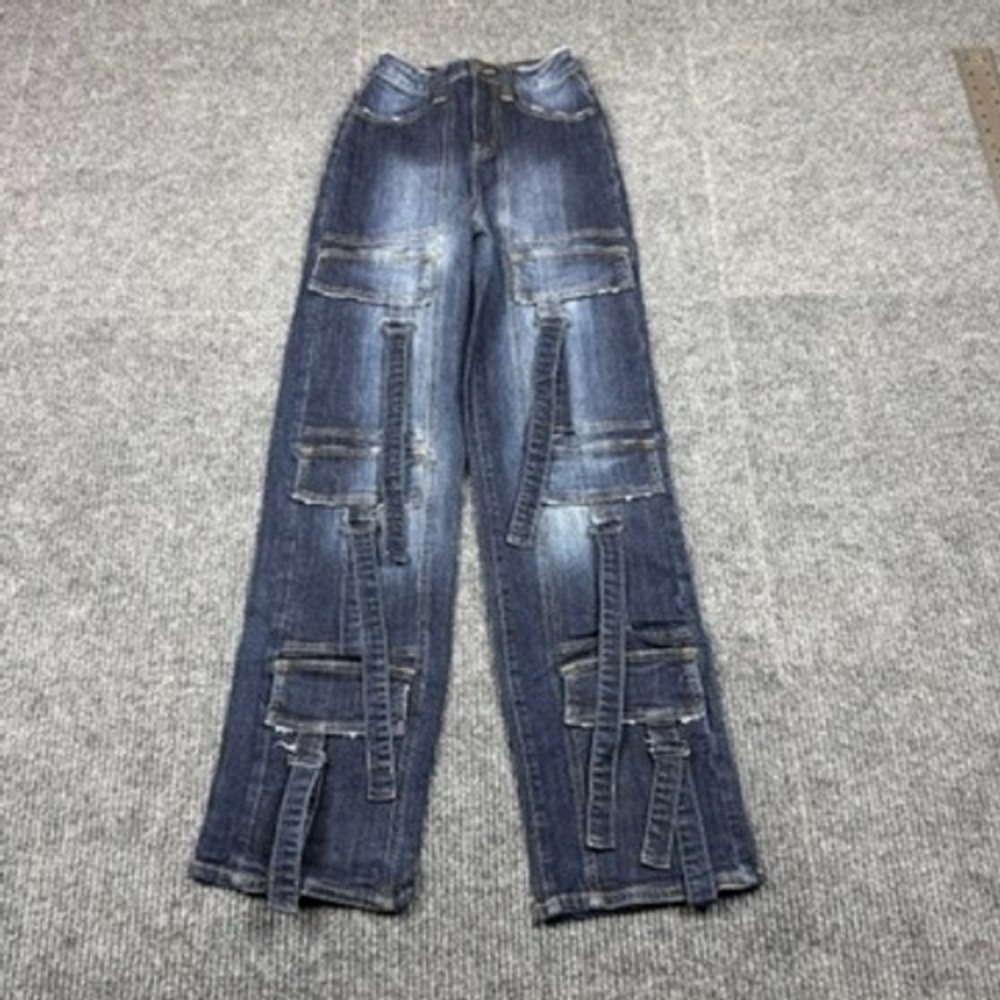 Akira Women High Waisted Multi Pocket Cargo Jeans Dark Wash Blue AP40491 Size 1